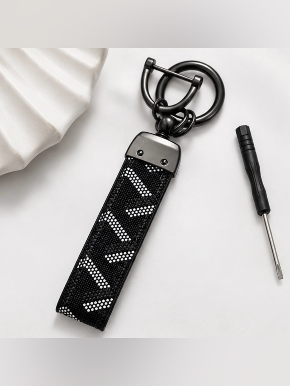 Men’s Black Key Fob Strap with White Chevron Detail